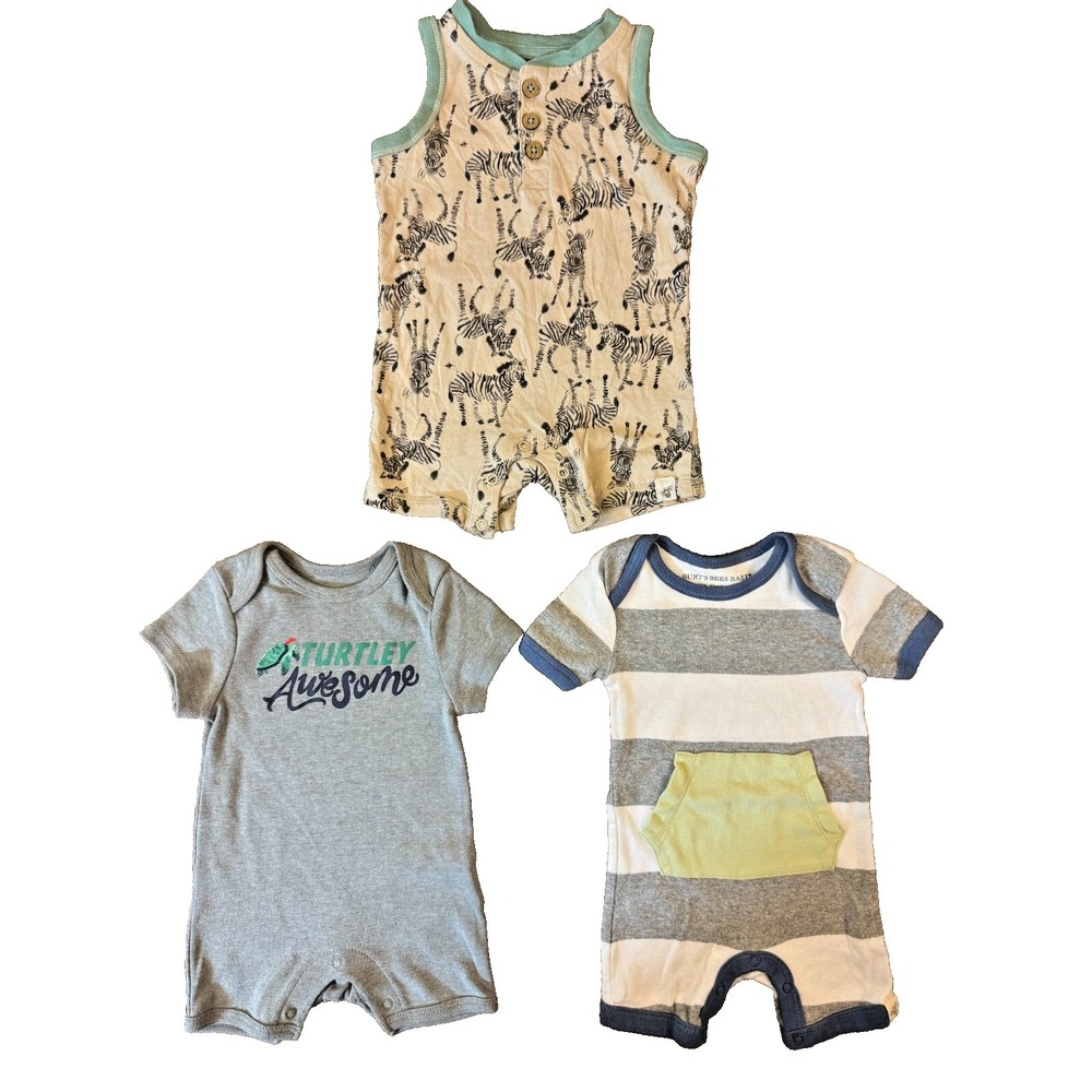 Burts Bees Old Navy Baby Boy 0/3 Months Outfit Rompers Clothes Lot Bundle Summer